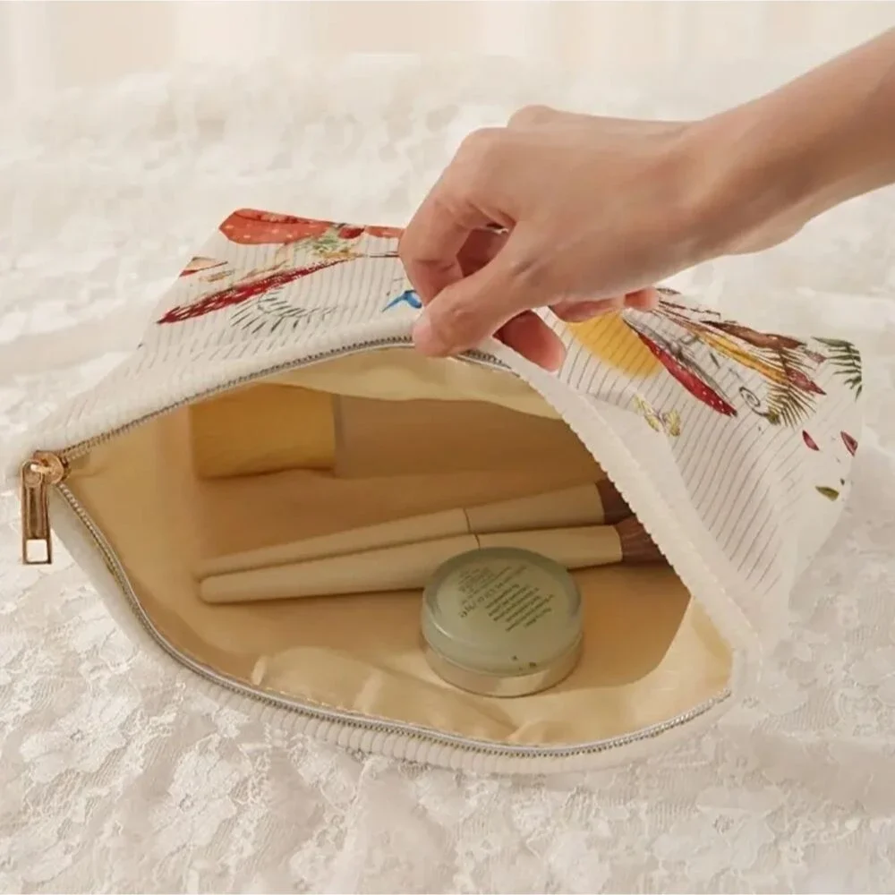 Mushroom corduroy cosmetic case makeup bag travel pouch